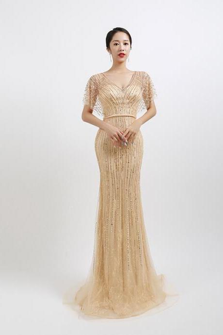 Sexy Mermaid Champagne Beaded Prom Dresses Long Women Evening Gowns for Party Pageant Dress