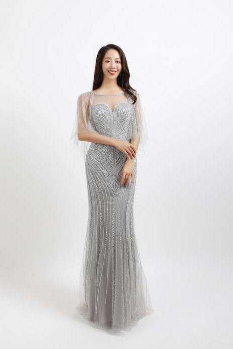 Elegant Silver Beaded Formal Prom Dresses Long Women Evening Dresses for Party Pageant Dress