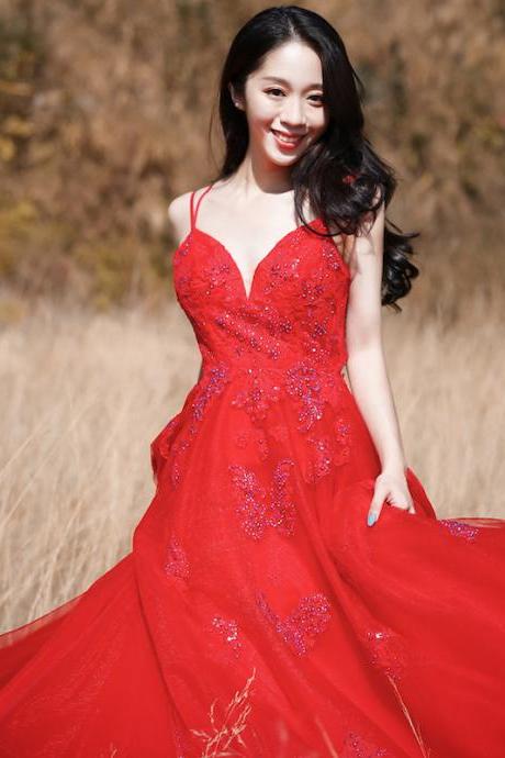Sexy V Neck Red Formal Prom Dresses with Blue Beaded Spaghetti Strap Long Women Party Dress