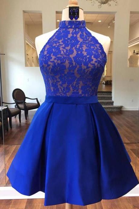 Royal Blue Lace Sexy Backless Short Cocktail Dresses Halter Sleeveless Satin Short Homecoming Prom Dress