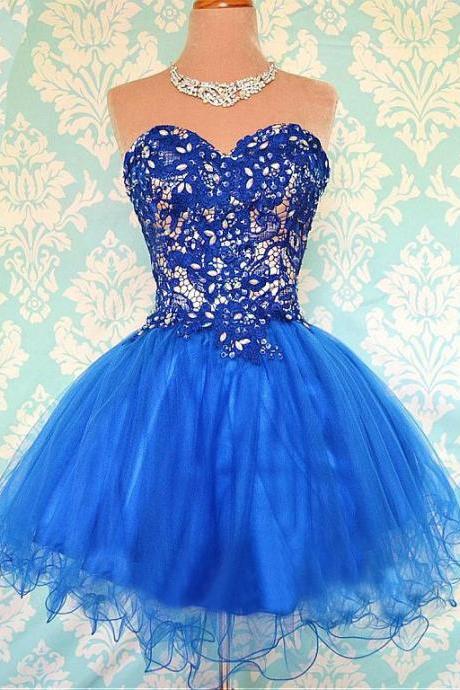 Sweetheart Royal Blue Lace Short Homecoming Gowns Graduation Party Dress