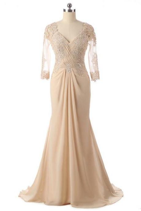 Elegant Champagne Lace Long Mother of the Bride or Groom Dress with Half Sleeve Chiffon Formal Evening Dress Prom Gowns Mermaid Designer
