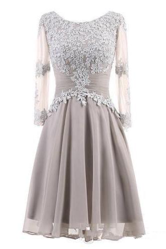 Long Sleeve Silver Lace Short Party Dress Homecoming Gowns A Line Chiffon