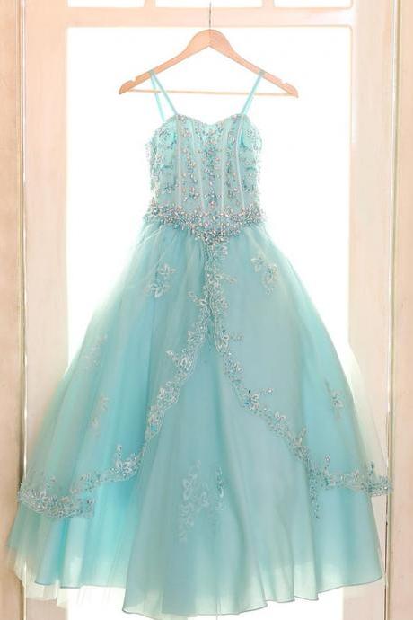 Pageant Girls Dress New Aqua Color Luxury Crystal Top Spaghetti Strap Kids Flower Girls Dress Ball Gown