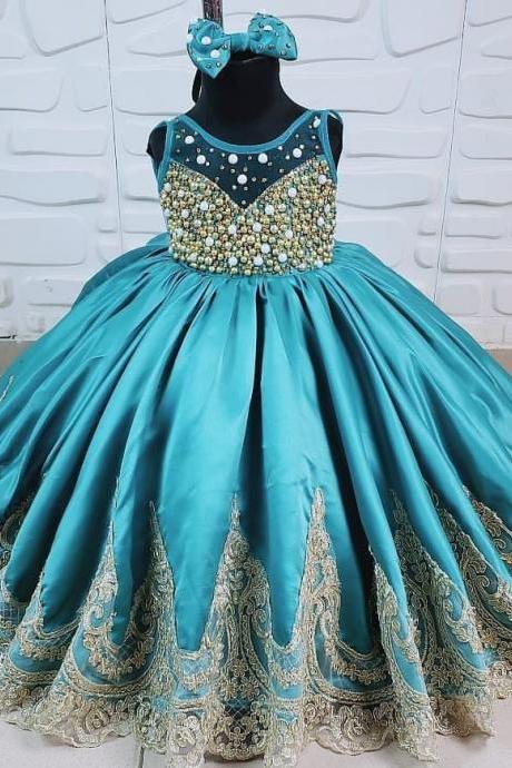 Sweet Aqua Satin Long Girls Pageant Dresses for Children with Pearl