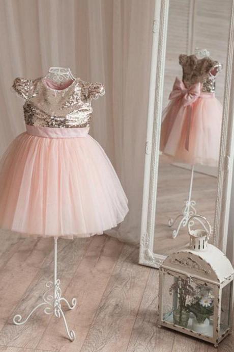 Glitter Sequins Short Pink Flower Girls Dress for Little Kids 
