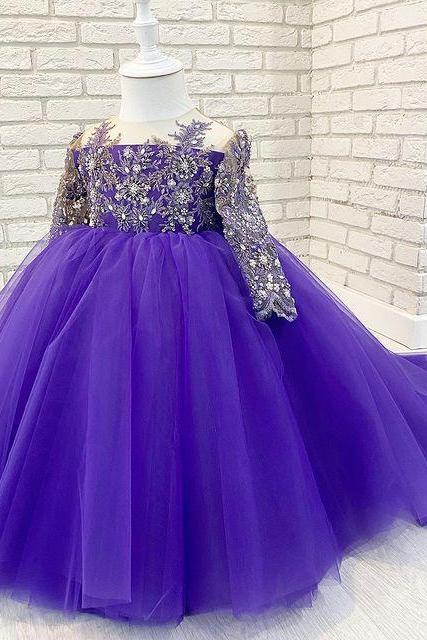Sweet Violet Flower Girls Dress for Weddings Full Sleeve Lace Appliques Bow Pageant Girl Dress
