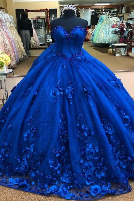 Royal Blue Quinceanera dress for 15 Year Girls Birthday Party Dress with 3D Floral Prom Gowns