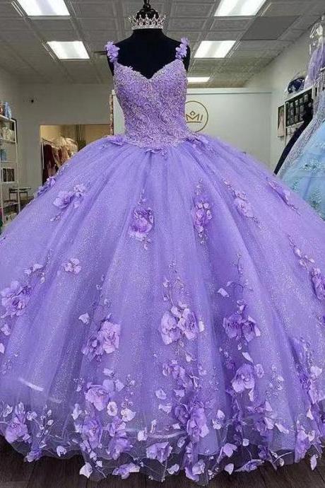 Princess Lilac Floral Quinceanera Dresses for 15 Year Girl Ball Gown Spaghetti Strap Formal Prom Party Dress