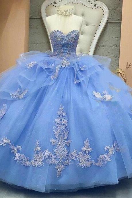 Lace Appliques Sky Blue Quinceanera Dresses for 15 Year Girl Ball Gown 
