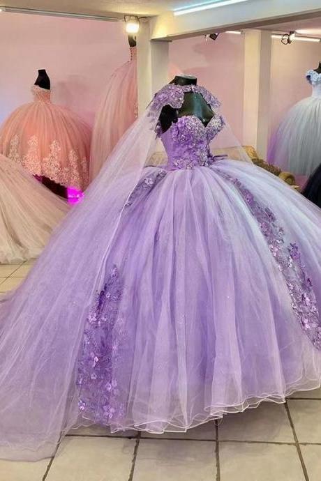 Princess Lilac Lace Quinceanera Dresses for 15 Year Girl Ball Gown with Cape Sexy Sweetheart Corset Gowns