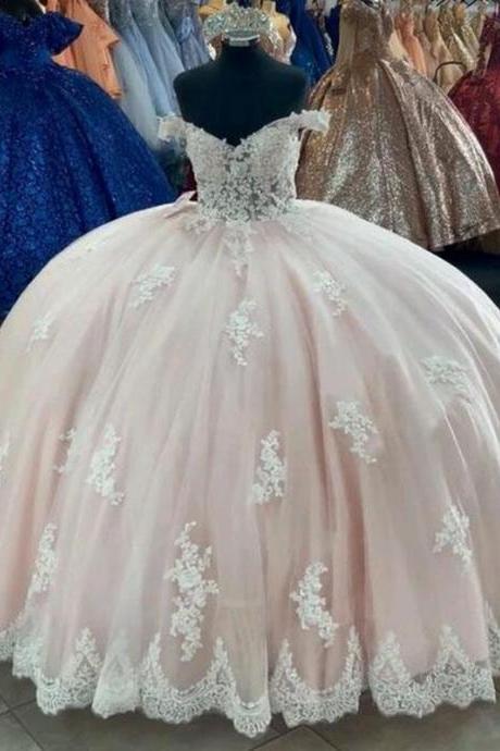 Sexy Off the Shoulder Princess Pink Lace Quinceanera Dresses for 15 Year Girl Ball Gown Corset Dress