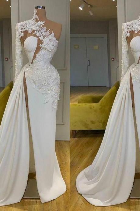 Wedding Dresses One Shoulder High Side Split Lace Appliques With Flowers Sweep Train Plus Size Formal Bridal Gowns