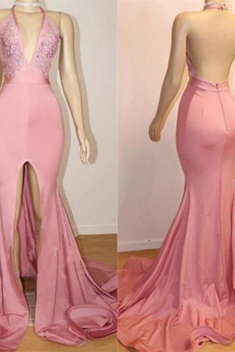 Sexy Halter Pink Prom Dresses Sweep Train 2022 Dress for Party Long Women Formal Dress