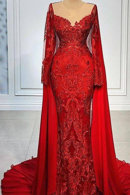 Princess Red Lace Formal Evening Dress for Lady Sexy See Through Mermaid Long Prom Gowns