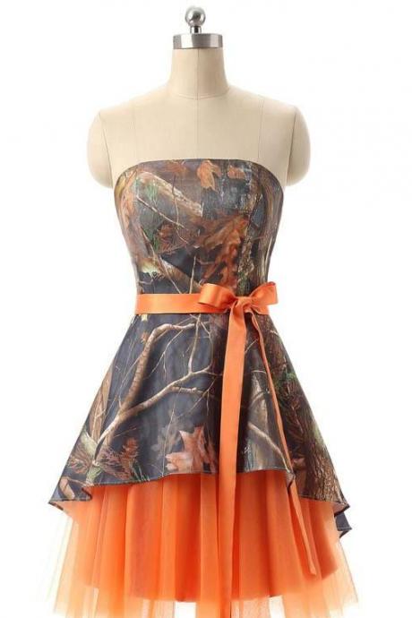 Mini Short Camo Bridesmaid dress with Orange Waist Belt A Line Custom Made