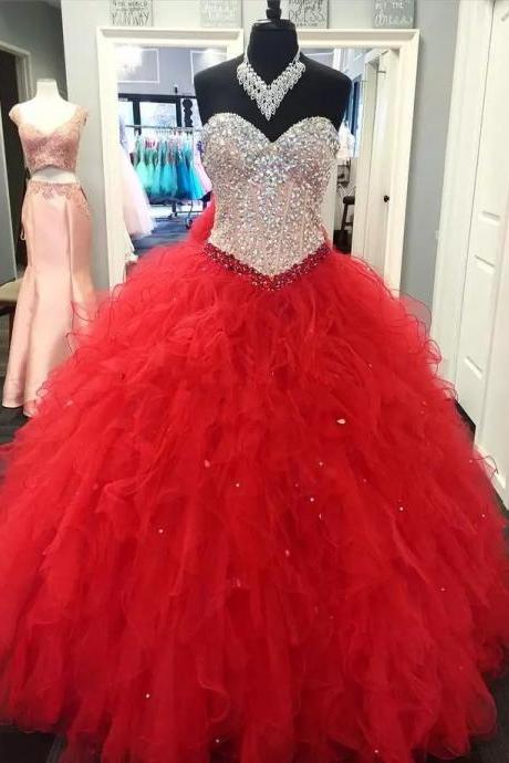 Gorgeous Beaded Long Red Quinceanera Dresses Ball Gown Sweet 16 Year Prom Dress for Girl