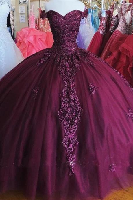 Sexy Off the Shoulder Burgundy Lace Quinceanera Dresses Ball Gown for Sweet 15 Year Prom Gowns