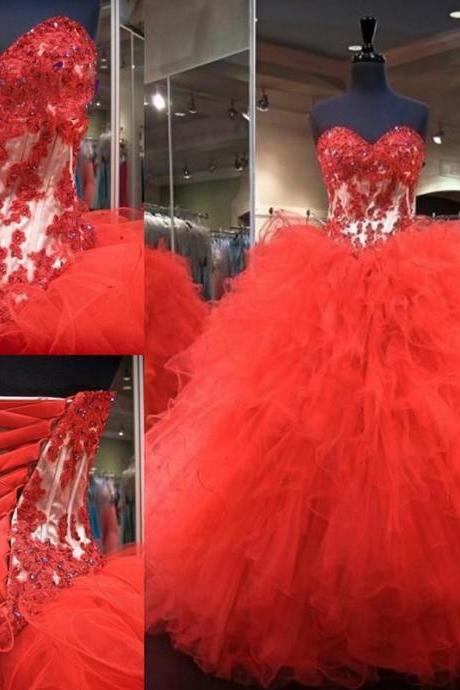 Sexy Backless Red Lace Quinceanera Dresses Ball Gown for Sweet 15 Year Prom Gowns