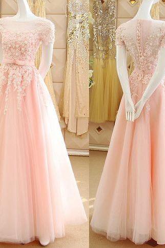 Short Sleeve Elegant Pink Evening Dresses Plus Size A Line Floor Length Corset Back Formal Party Dress