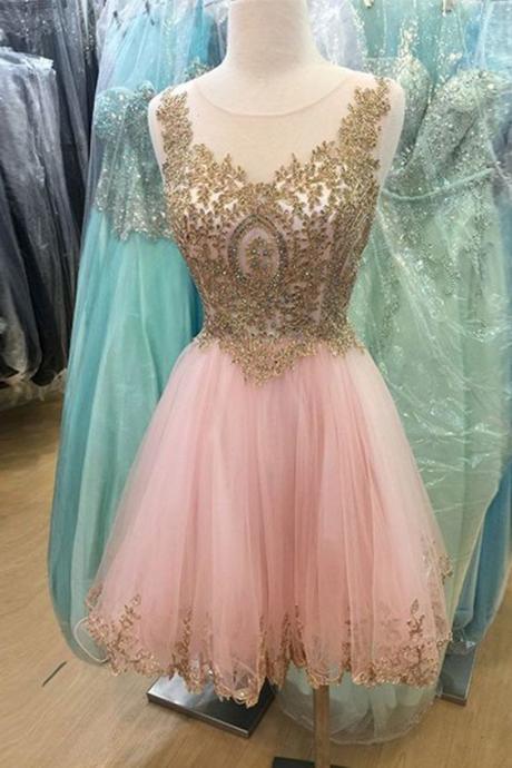 Mini Short Beaded Homecoming Dress for Junior Girl A Line Tulle Pink Short Prom Dress Party Gowns