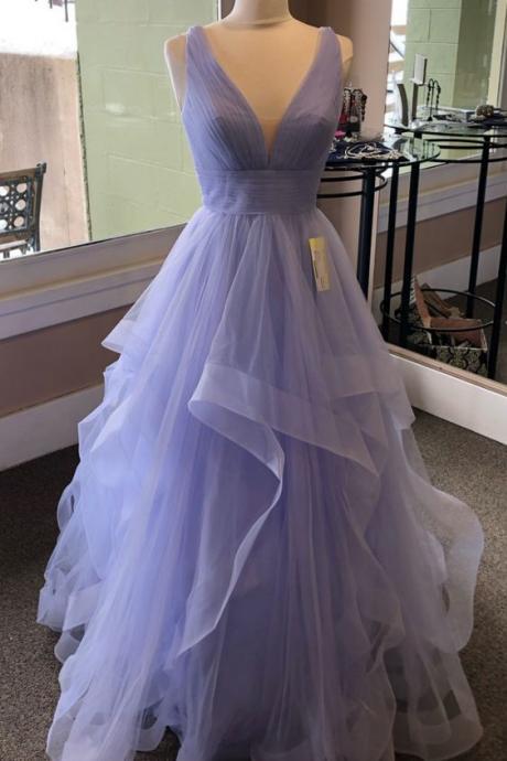 Deep V Neck Long Lavender Tulle Prom Dress for Women Floor Length New Party Dress Custom Made
