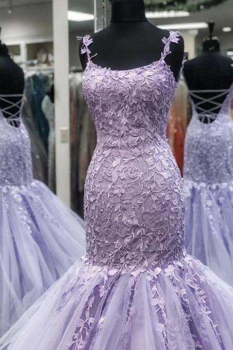 Sexy Spaghetti Strap Mermaid Long Lavender Lace Prom Dress for Women Floor Length Plus Size Pageant Party Dress 