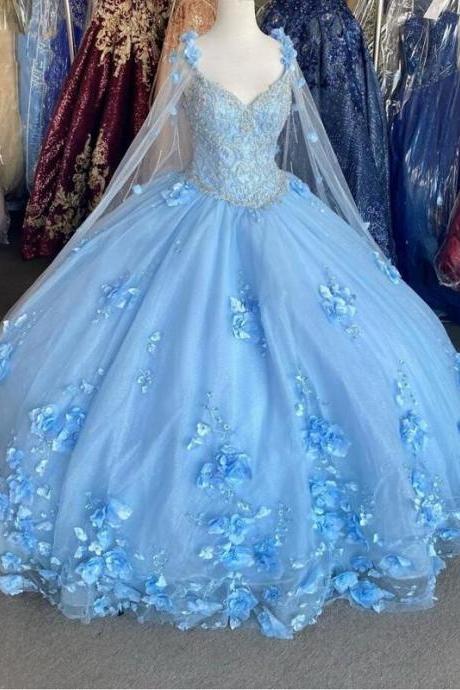 Bahama Blue 3D Flowers Quinceanera Dresses With Wrap Crystal Beaded Dress Evening Gowns Classic Sweetheart Lace-up Sweet 16 Dress Plus