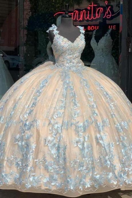 Princess Champagne Quinceanera Dresses with blue lace for 16 Year Ball Gown Princess Girls Prom Party Dress