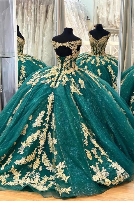 Vintage Emerald Green Lace Quinceanera Dress for Sweet 15 Year Girl Birthday Party Prom Dresses Corset Back