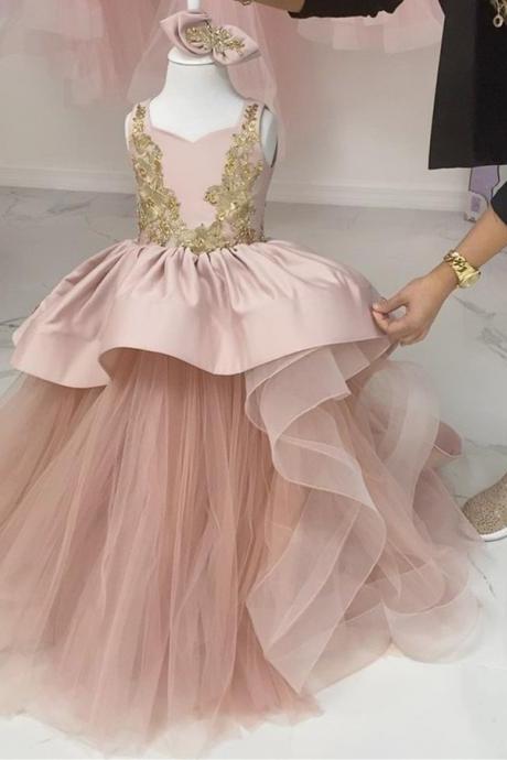 Golden Lace Princess Pink Pageant Dress for Kids Flower Girl Dress