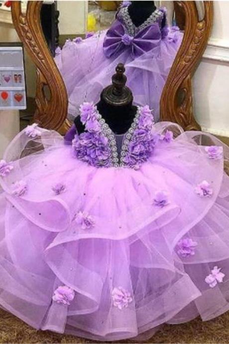 Vintage Lavender Floral Ball Gown Princess Pageant Dress for Kids Flower Girl Dress