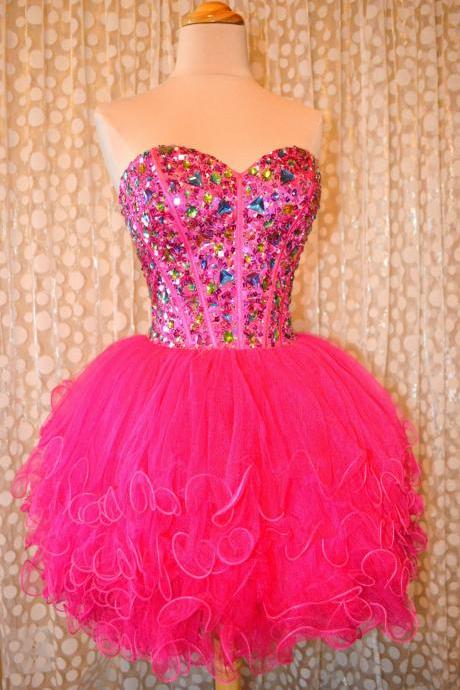 Short Fuchsia Homecoming Dresses, Luxury Crystal Top Party Dress, Short Ball Gown Homecoming Dress,