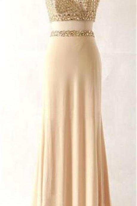 Two Pieces Prom Dress Long Prom Dress Elegant Champagne Evening Dress