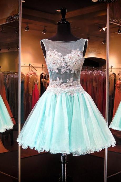 2016 Short Sky Blue Homecoming Dress, Sexy Open Back Short Party Dress, Sexy Sheer Prom Dress, Vintage Tulle Junior Party Dresses, Sexy See Through Graduation Dresses, Appliques Cocktail Dress Short 2016, Summer Party Dress With Straps, Charming Blue Graduation Dress 2016