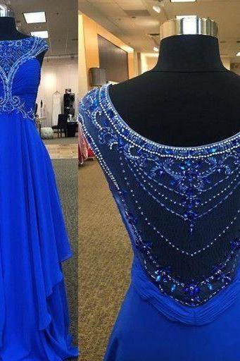 Elegant Blue Long Evening Dresses, Luxury Beaded Prom Dresses, Formal Evening Dress With Short Cap Sleeve, Sexy Sheer Prom Party Dresses, 2017 Long Prom Evening Dresses, Sccop Neckline Cheap Party Dresses, Floor Length Prom Partty Dresses, Vintage Blue Prom Dresses, 2016 Plus Size Evening Dresses