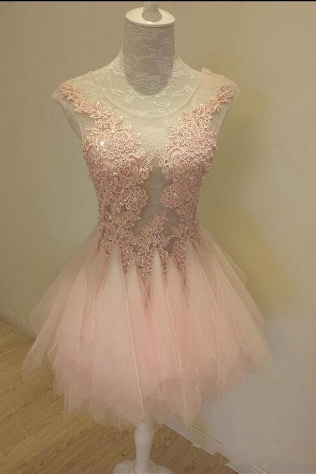 Sweet Pink Short Homecoming Dress Vintage Tulle Short Sexy Sheer Prom Dress 
