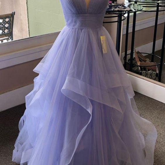 Deep V Neck Long Lavender Tulle Prom Dress for Women Floor Length New Party Dress Custom Made