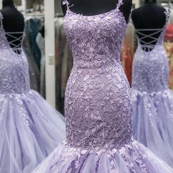 Sexy Spaghetti Strap Mermaid Long Lavender Lace Prom Dress for Women Floor Length Plus Size Pageant Party Dress 