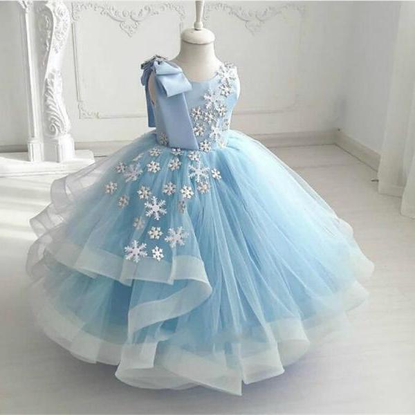 Ball Gown Princess Blue Snow Drops Pageant Dress for Kids Flower Girl Dress