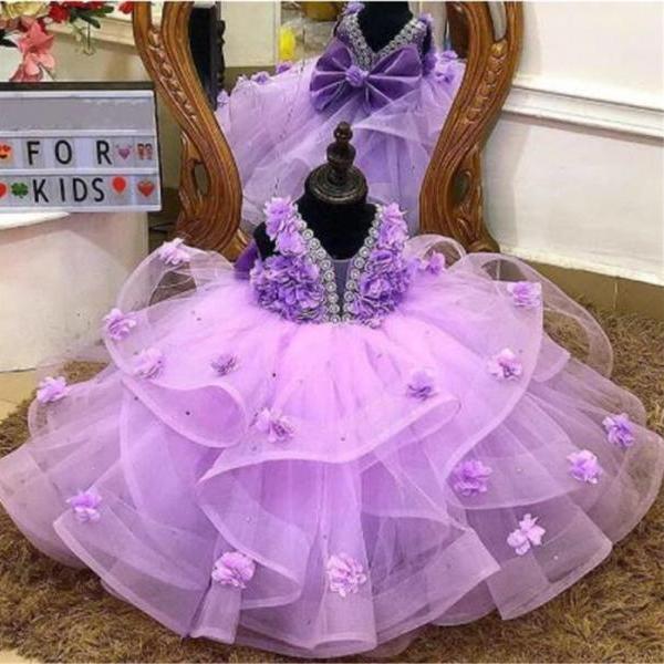 Vintage Lavender Floral Ball Gown Princess Pageant Dress for Kids Flower Girl Dress